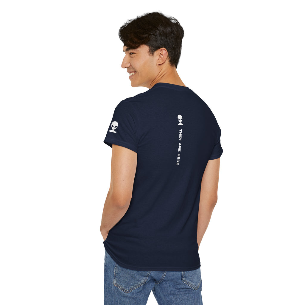 Alien Tee — Minimal "They Are Here" Vertical Graphic T-Shirt dark