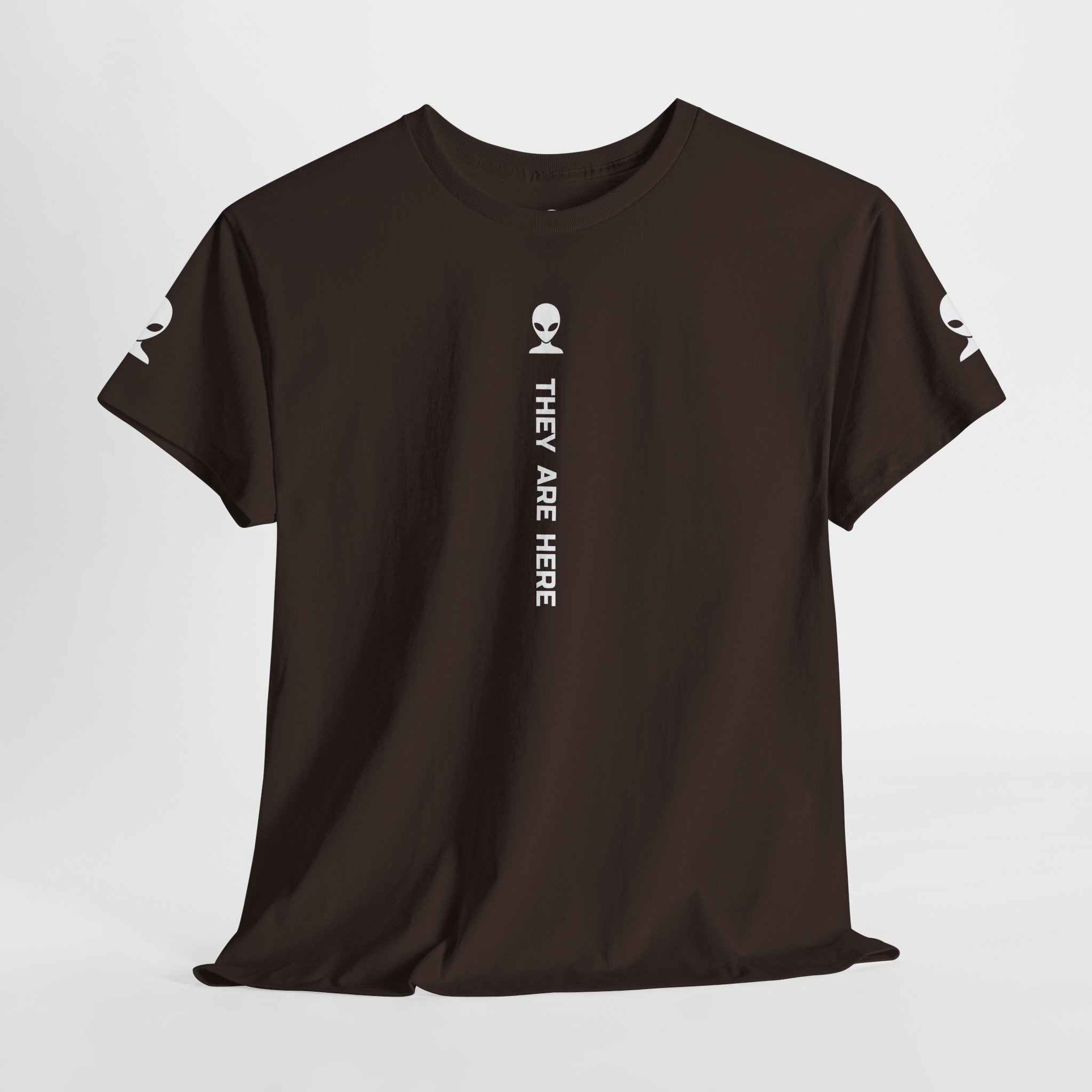 Alien Tee — Minimal "They Are Here" Vertical Graphic T-Shirt dark