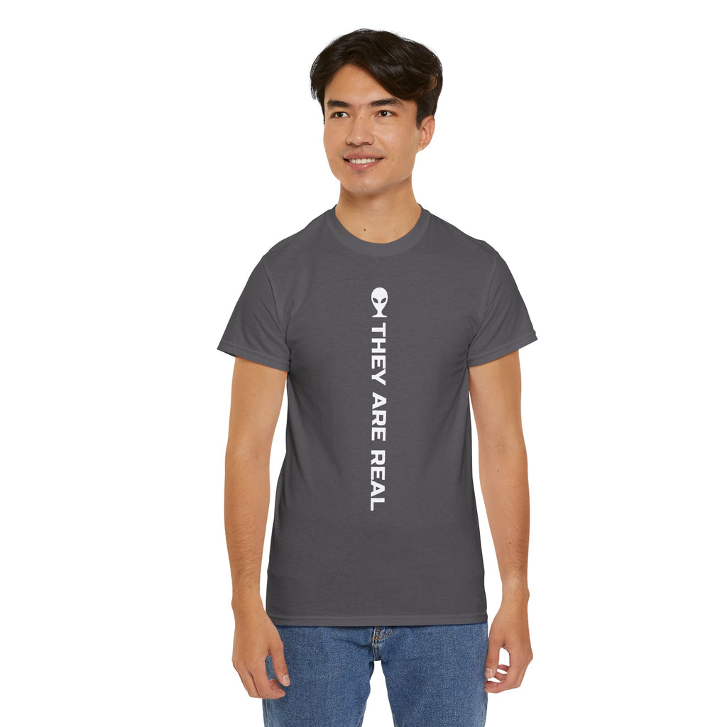 Alien Tee — Minimal "They Are Real" Vertical Graphic T-Shirt dark