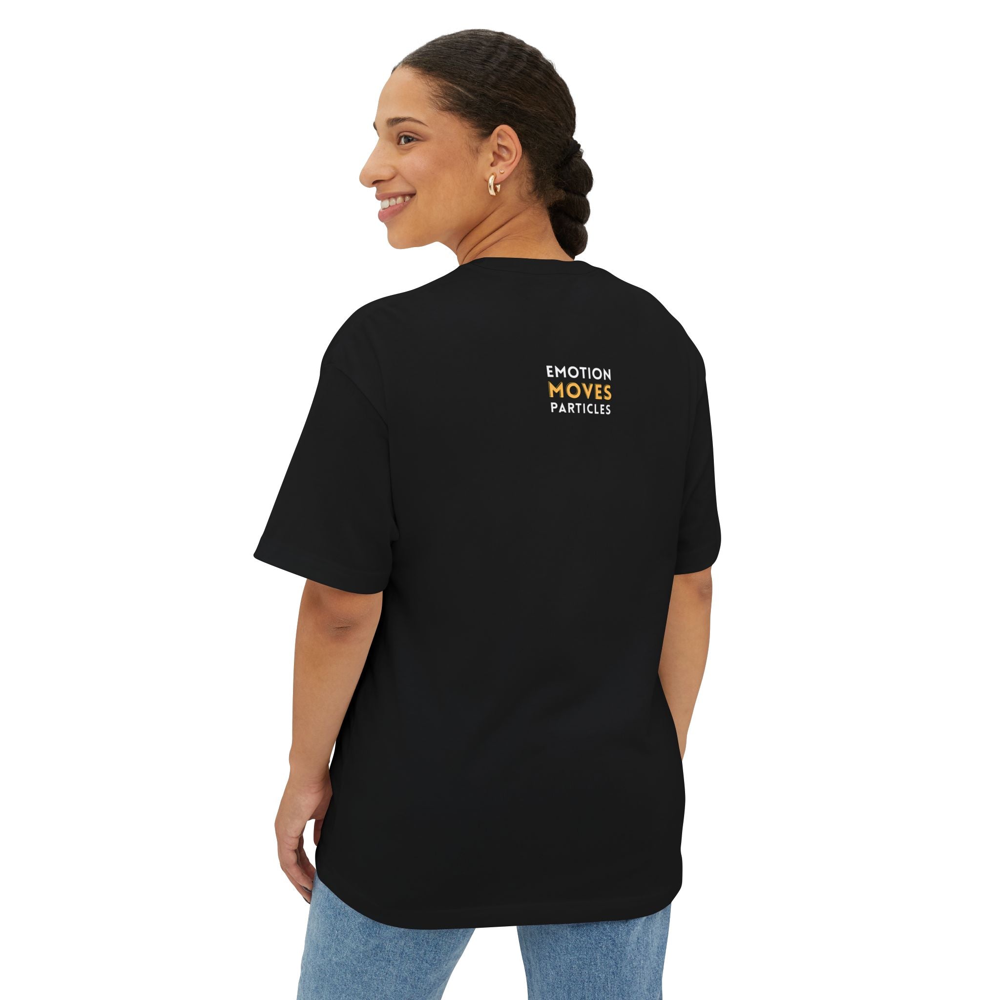 Emotion Moves Particles Dark Tee — Minimalist Motivational Graphic T-Shirt