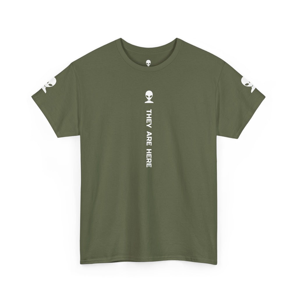 Alien Tee — Minimal "They Are Here" Vertical Graphic T-Shirt dark