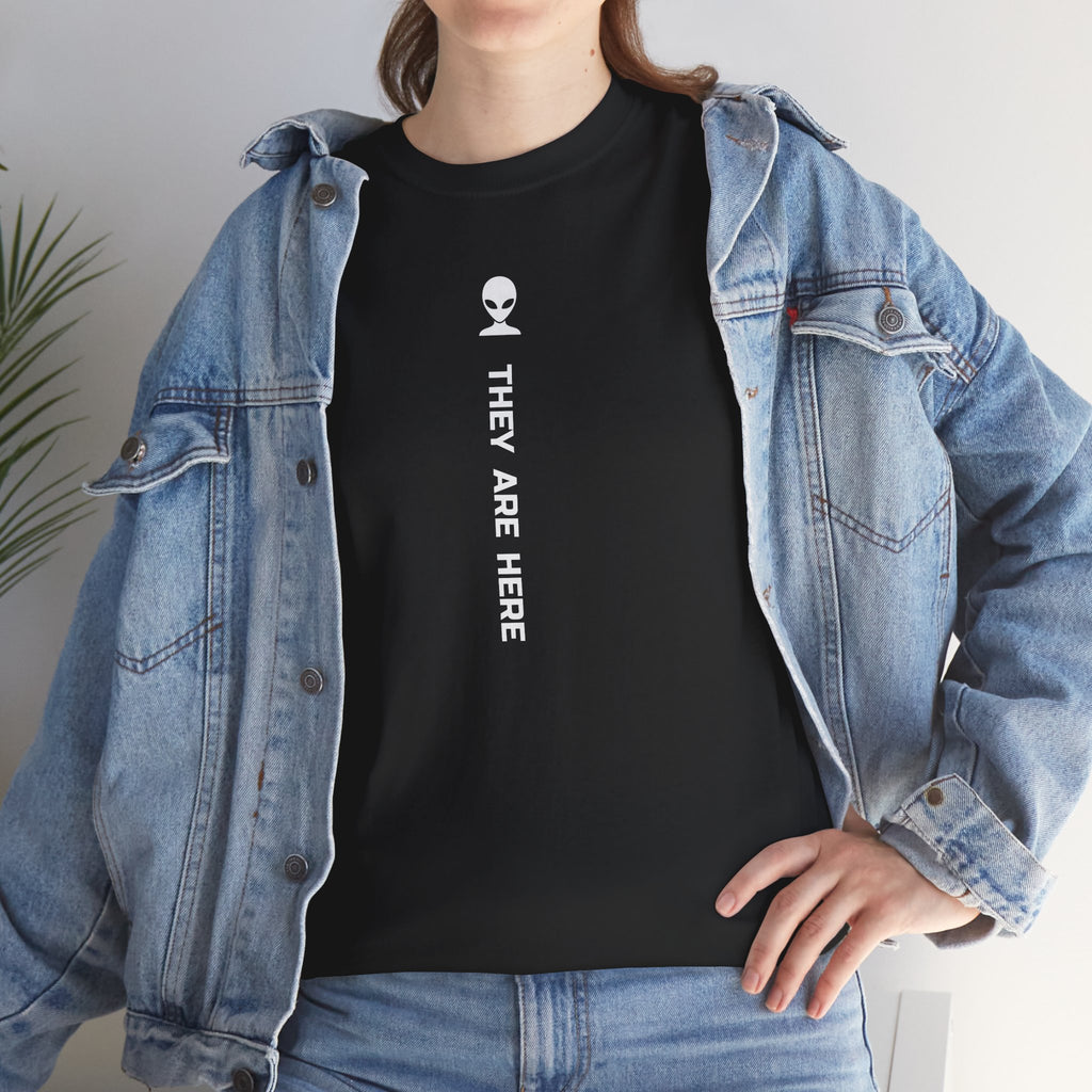 Alien Tee — Minimal "They Are Here" Vertical Graphic T-Shirt dark