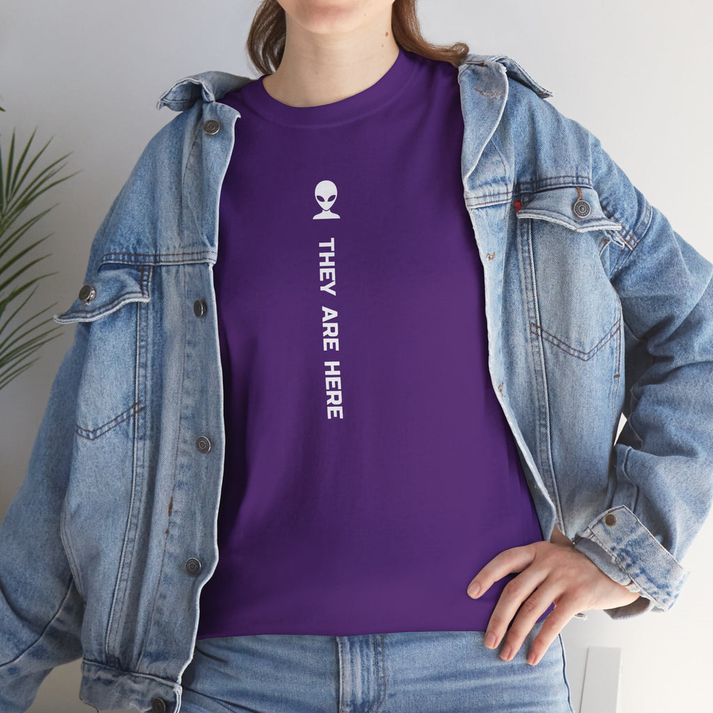 Alien Tee — Minimal "They Are Here" Vertical Graphic T-Shirt dark