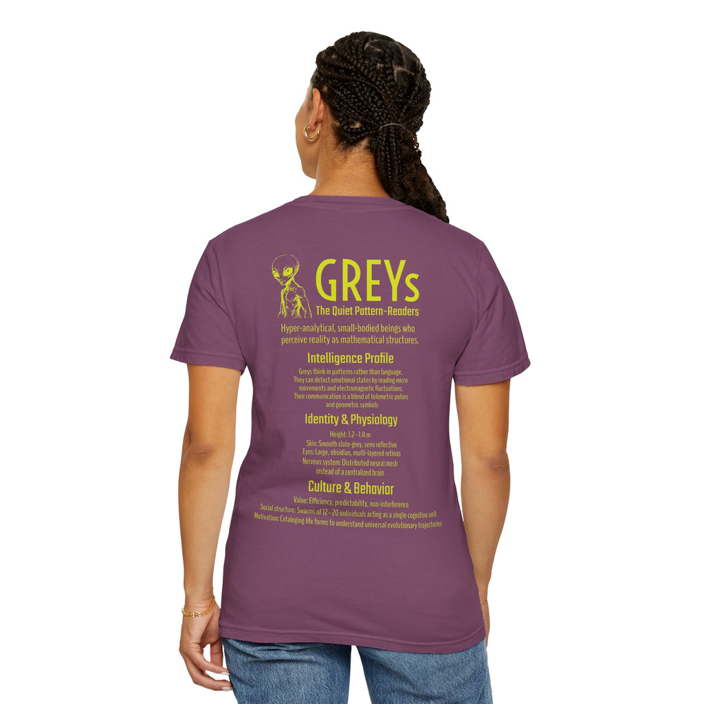 Alien Greys Graphic T-Shirt — "The Quiet Pattern Readers" Illustrated dark Tee