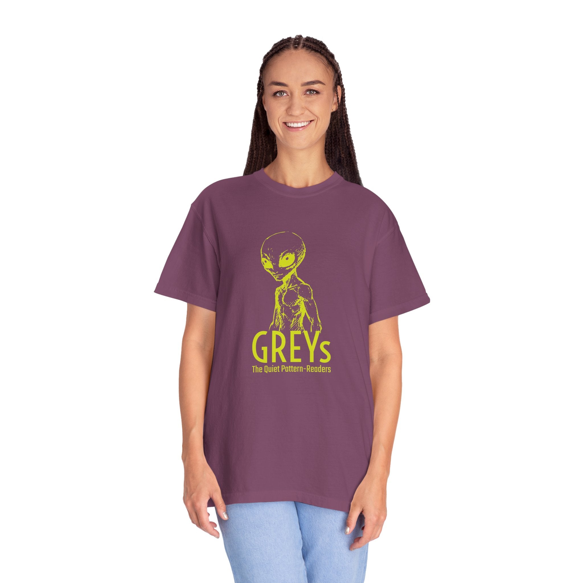 Alien Greys Graphic T-Shirt — "The Quiet Pattern Readers" Illustrated dark Tee
