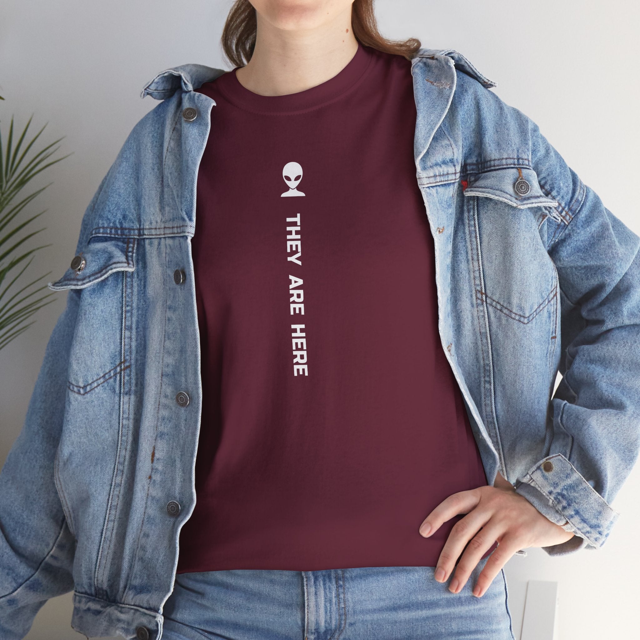 Alien Tee — Minimal "They Are Here" Vertical Graphic T-Shirt dark