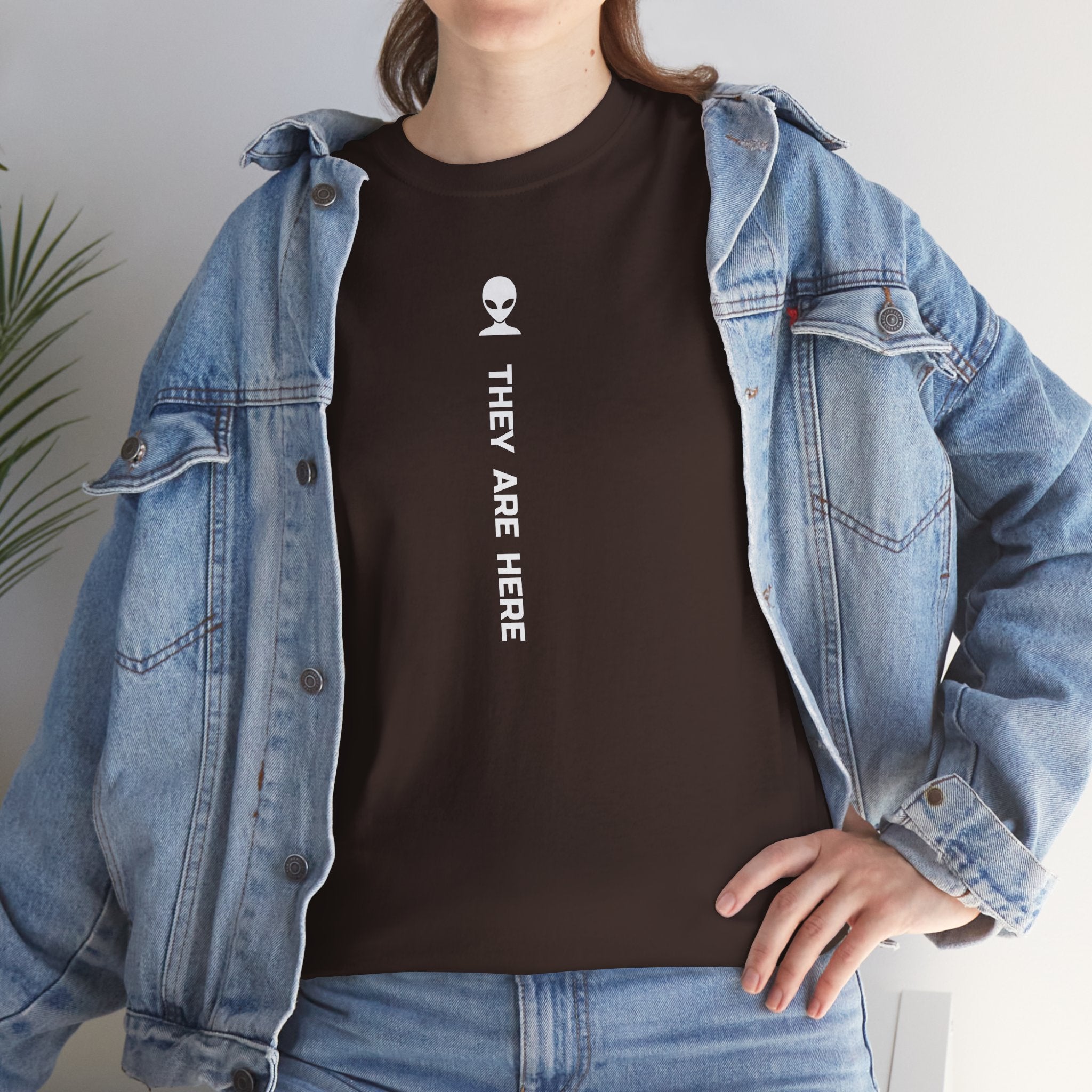 Alien Tee — Minimal "They Are Here" Vertical Graphic T-Shirt dark