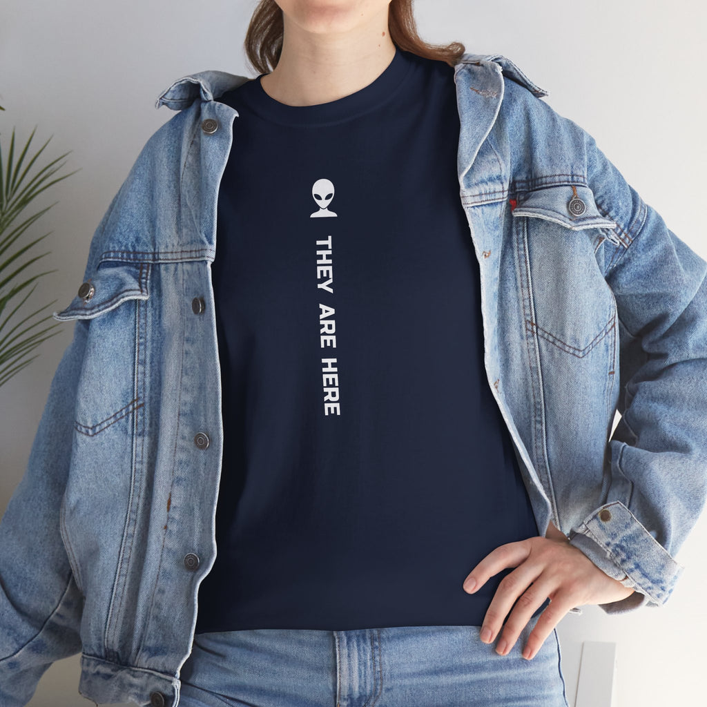 Alien Tee — Minimal "They Are Here" Vertical Graphic T-Shirt dark