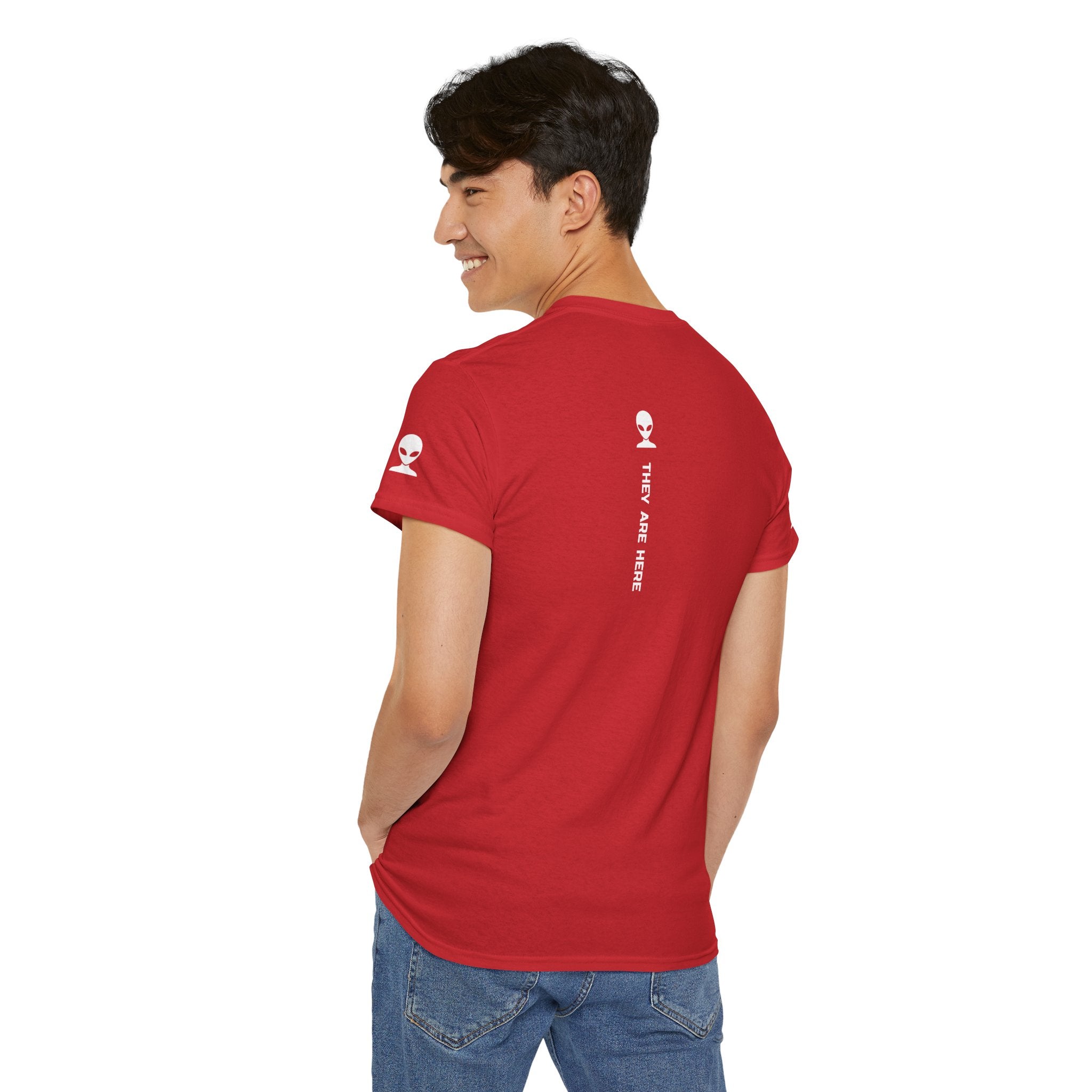 Alien Tee — Minimal "They Are Here" Vertical Graphic T-Shirt dark