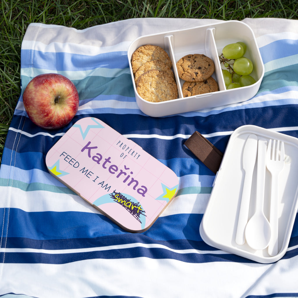 Personalized Bento Lunch Box — "Property of [Name] Feed Me I Am Hungry/Smart" Design