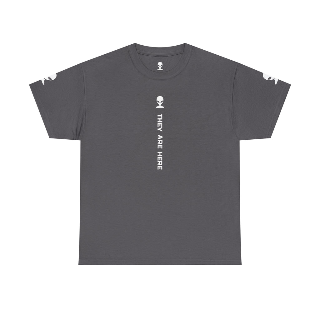 Alien Tee — Minimal "They Are Here" Vertical Graphic T-Shirt dark